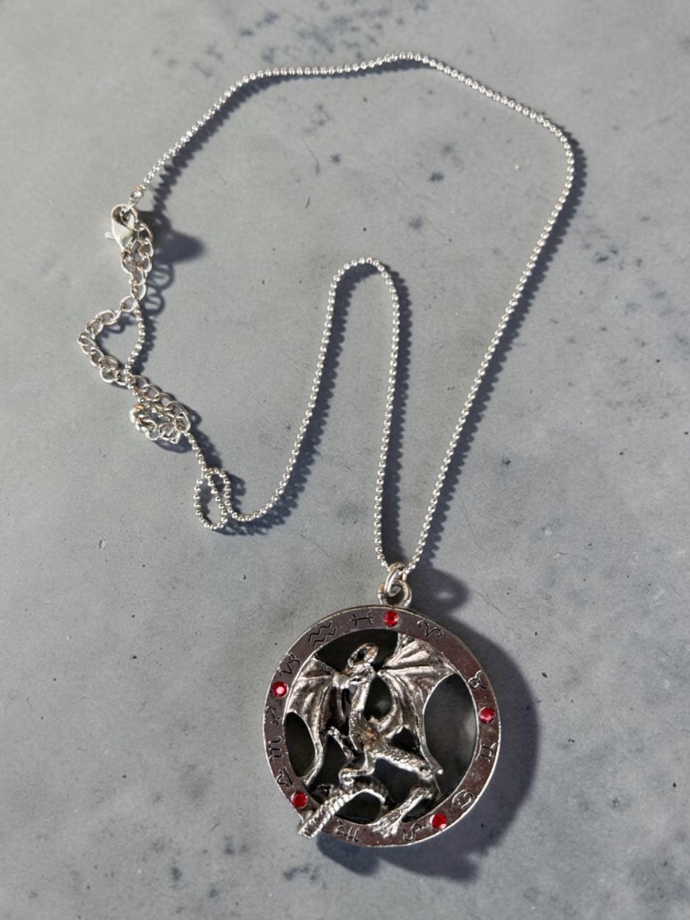 Vintage JPI 2000 SilverTone Dragon Pendant Necklace with Red Rhinestone Accents